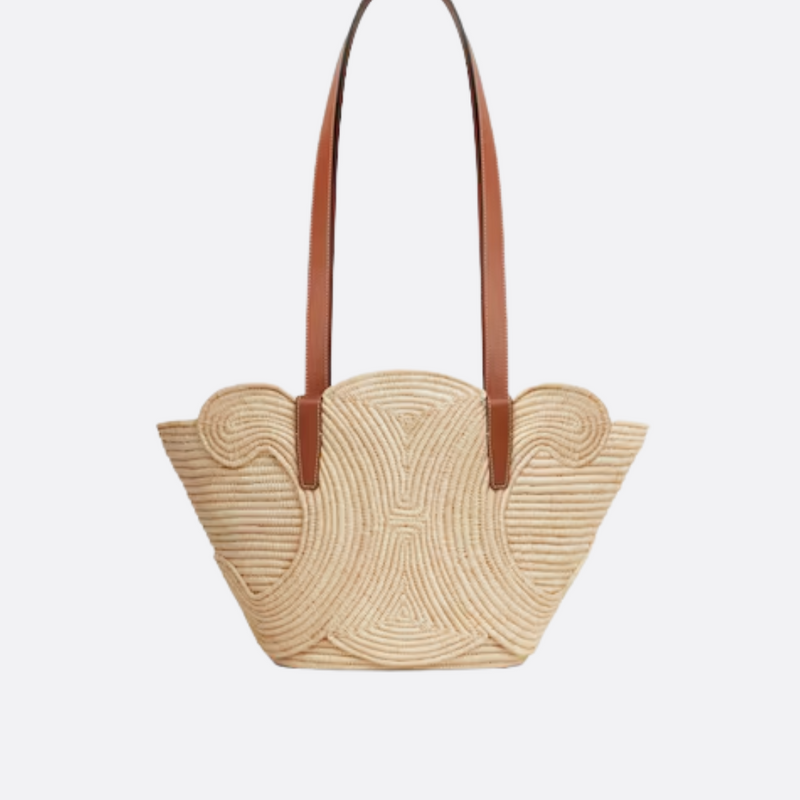 CELINE CLASSIC SMALL BASKET WITH WOVEN TRIOMPHE IN RAFFIA AND CALFSKIN