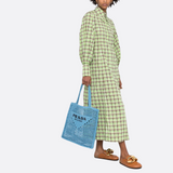 PRADA SHOPPER BAG IN RAFFIA WITH WOVEN LOGO – BLUE